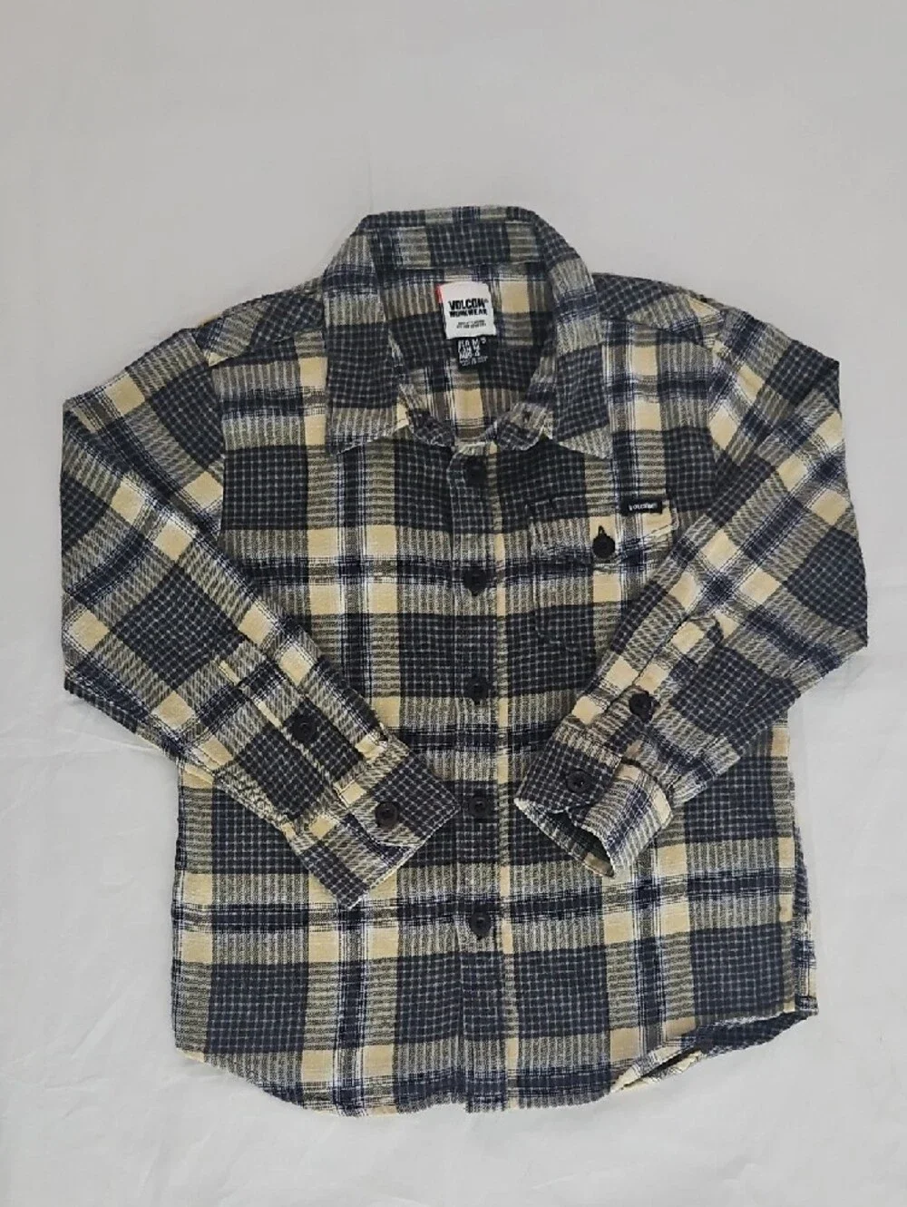 Volcom Kids Plaid Button-Down Shirt - Navy & Yellow Flannel SIZE 4
